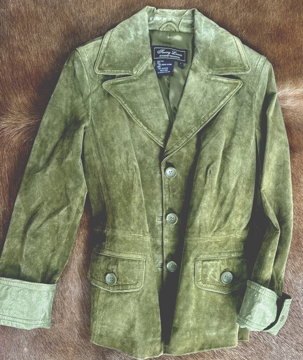 Vintage Terry Lewis Green Suede Leather Blazer Jacket Coat Premium Luxury Small